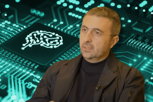 Microsoft AI CEO predicts near-infinite memory will transform AI by 2025. Mustafa Suleyman in front of futuristic background of AI chip with brain image