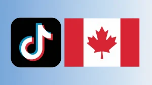 An illustration of the TikTok logo next to the Canadian flag. The TikTok logo is a white play button on a red background. The Canadian flag is a red and white flag with a white stylized maple leaf in the center. The background is a light blue gradient.