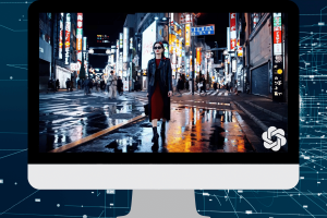 OpenAI suspends access to Sora after alleged leak sparks controversy. A computer screen displays a video of a stylish woman walking on a brightly lit city street at night, with reflections on wet pavement and illuminated signs in the background. An OpenAI logo is visible in the corner, emphasizing the connection to the video content.