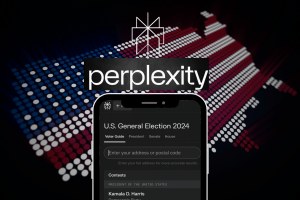 Perplexity AI launches election hub with tracker ahead of the vote. Perplexity AI launches election hub with a mobile-friendly interface, displaying a U.S. General Election 2024 voter guide screen. The hub allows users to enter their address or postal code for personalized ballot information. The background features a stylized American flag made of dots in red, white, and blue.