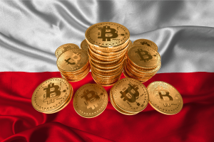 Polish presidential candidate Sławomir Mentzen promises Bitcoin reserve. Bitcoin on top of white and red flag of Poland.