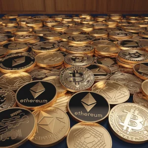 A photo of the US House of Representatives with crypto coins scattered all over the floor. The coins are of various types, including Bitcoin, Ethereum, and Litecoin. The coins are in a chaotic arrangement, with some coins partly hidden under others. The background is a wooden panel.