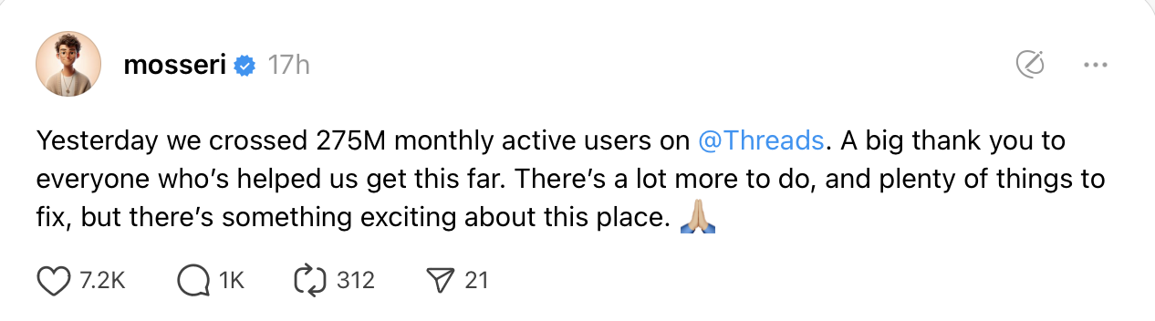 Screenshot of post on Threads, announcing passing of 275m users.