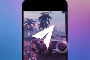 Telegram adds major video tool updates with quality, speed, and PiP options. Smartphone screen displaying a video in playback mode with a speed indicator at 2.7x. The background shows a retro sports car driving along a palm tree-lined road at sunset, with city skyscrapers in the distance. A large Telegram logo is overlayed on top of the video.