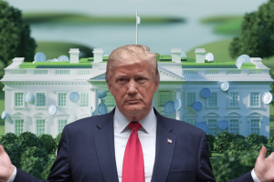 Trump taps pro-crypto Scott Bessent as Treasury Secretary, backing blockchain. Donald Trump stands in front of a stylized White House adorned with cryptocurrency icons, symbolizing a pro-blockchain financial future.