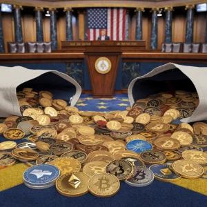 A photo of the US House of Representatives with crypto coins scattered all over the floor. There are various crypto coins with different designs and colors. The US flag is visible in the background. The scene is chaotic, with coins spilling out of bags and piling up near a podium.