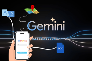 What is Google Gemini? How the AI model and chatbot works. Illustration featuring the Google Gemini logo in the center with various icons around it, representing different functionalities. Icons include a translation symbol, a map with a location pin, a search interface on a smartphone screen, and a document icon labeled 'DOC'. Wavy lines connect these icons to the Gemini logo, symbolizing integration and interconnected capabilities of the AI model and chatbot.