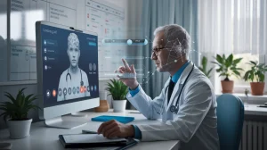 A cinematic shot of a doctor working with an AI system to diagnose a patient. The doctor is sitting at a desk, looking at a computer screen. There is a conference call interface on the screen. The doctor is wearing a white coat and has glasses. There is a whiteboard behind the doctor with medical notes. The room has a few potted plants and a window with curtains.