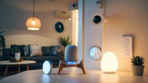 A photo of a smart home with various interconnected devices. There's a smart speaker on a wooden stand. There's a smart thermostat on the wall. There's a smart light bulb in a lampshade. There's a smart plug near a power outlet. The lighting is warm and inviting. The background is a living room with a sofa, a coffee table, and a plant.