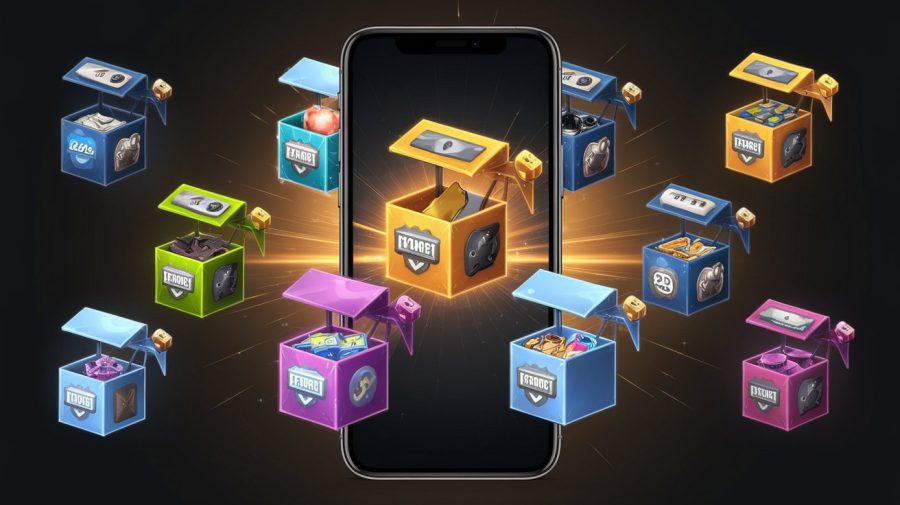 A photo of a smartphone with a game. There are multiple loot boxes on the screen, each containing a different item. The background is dark, and there's a glowing effect around the loot boxes.