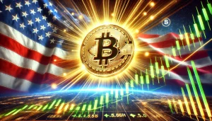 An illustration of a golden Bitcoin soaring upward against the backdrop of the American flag, with a dynamic stock market graph showing an all-time high; the image symbolizes the surge of Bitcoin prices following the U.S. elections.