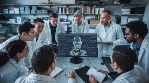 A photo of a group of scientists gathered around a computer monitor. The monitor shows a graphical interface with various AI-related terms. The scientists are wearing lab coats and have notebooks in their hands. The room has shelves filled with books and equipment.