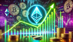 An upward-trending stock chart intertwined with the Solana (SOL) logo, set against a backdrop of glowing cryptocurrency symbols, illustrating Solana reaching a new all-time high.