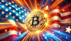 A soaring Bitcoin logo overlaid on a stylized American flag, symbolizing Bitcoin's surge following the U.S. presidential elections, with vibrant colors highlighting optimism in the crypto market.