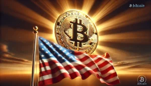 Bitcoin symbol rising over a U.S. flag, representing the impact of the election on cryptocurrency markets and the idea of a strategic Bitcoin reserve.