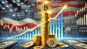 A towering stack of physical bitcoins forming a bar graph that surpasses the $100 billion mark, set against a backdrop of the U.S. flag subtly blended with financial charts, symbolizing the milestone of U.S.-based Bitcoin spot ETFs.