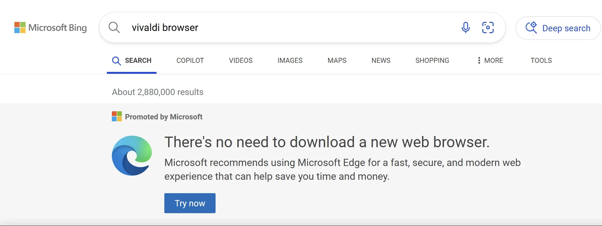  'There's no need to download a new web browser. Microsoft recommends using Microsoft Edge for a fast, secure, and modern web experience that can help save you time and money.' The banner includes a 'Try now' button.