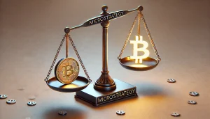 A balanced scale tipping downward on one side with the MicroStrategy logo and upward on the other with a glowing Bitcoin symbol, illustrating the divergence in their market values.