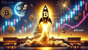 A golden Bitcoin rocket launching skyward amid bullish market charts and dollar signs, set against a silhouette of the U.S. Capitol building without depicting any specific individuals, illustrating the surge in Bitcoin value due to favorable regulations.