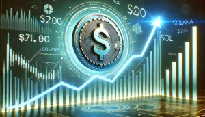 An ascending financial chart with the Solana (SOL) logo breaking through the $200 mark, symbolizing its significant price surge amidst a bullish market backdrop.