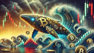 An artistic illustration of a massive whale composed of Bitcoin symbols swimming beneath turbulent financial waves, representing large-scale investors accumulating Bitcoin during a market correction.