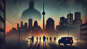 An abstract illustration of a dimly lit Toronto skyline at dusk, with silhouettes of anonymous figures and vehicles, symbolizing a mysterious kidnapping.