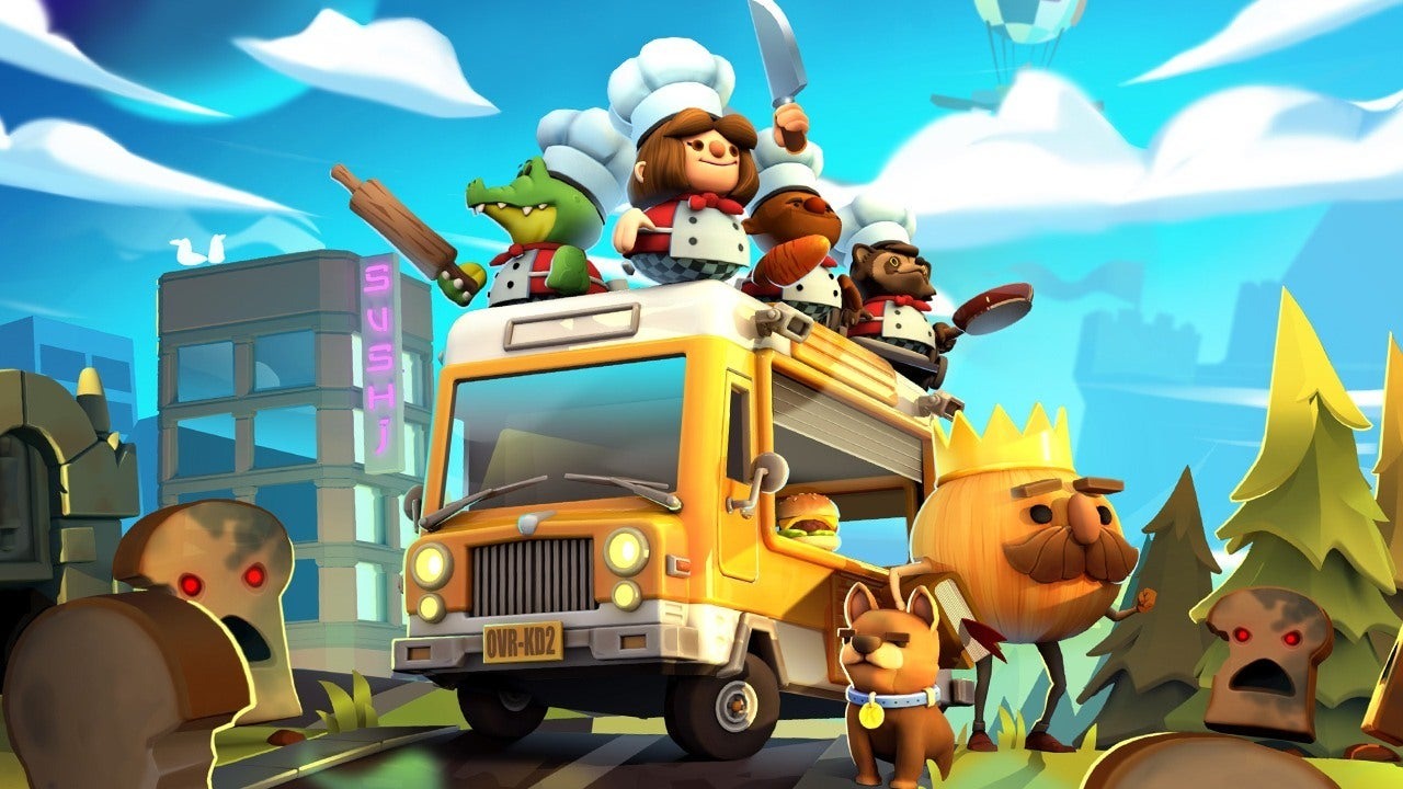 Characters from Overcooked 2 stand on top of a bus and use cooking equipment to fend off zombie toast.