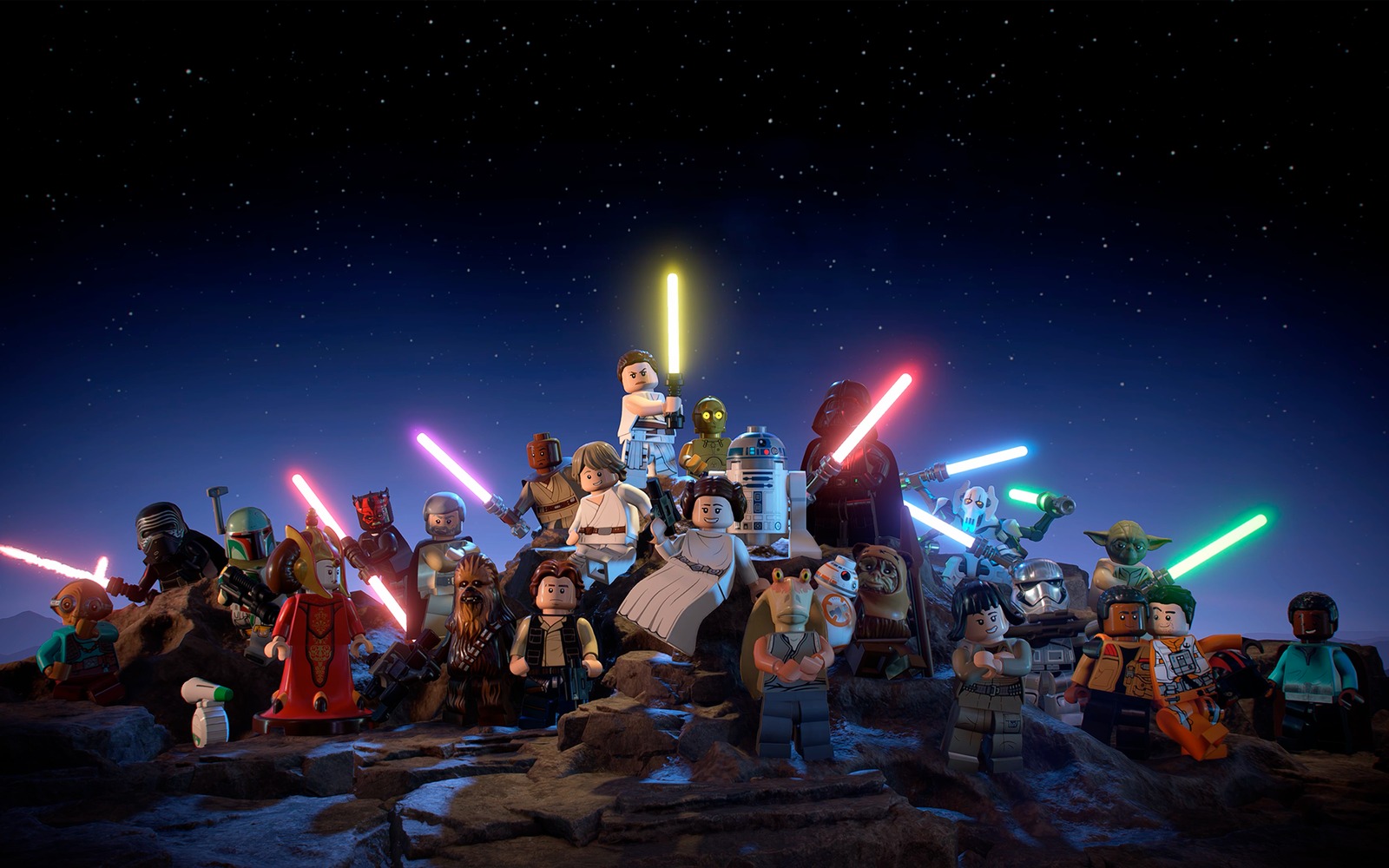 A collection of characters from the Lego Skywalker Saga game