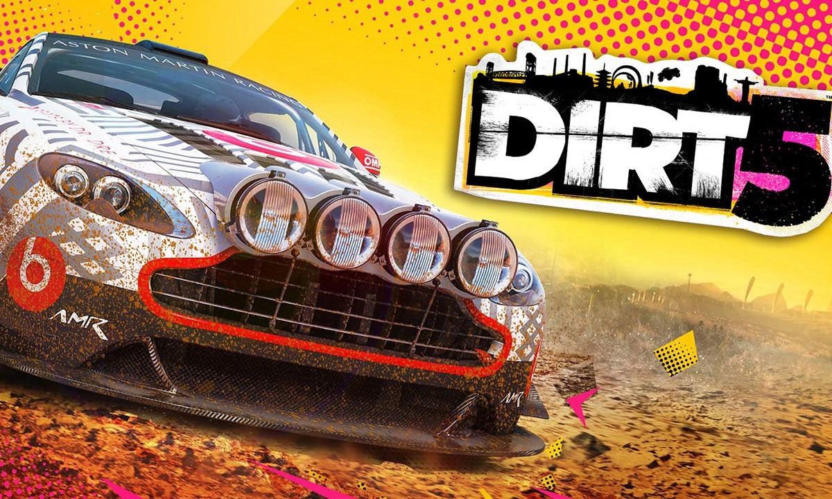 Key art for Dirt 5 showing the logo on the left and a rally car on the right with a bright yellow background