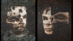 A1 pieces of artwork of Alan Turing. They show the face of Alan Turing but distorted and in dull colours. They are divided by black lines.