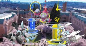 An image of Pokémon GO gyms, with Black and White Kuyrem and Hoopa in the foreground.