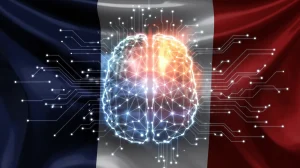 A digital AI brain with a glowing aura around it, signifying it is powering up. There is a French flag in the background.