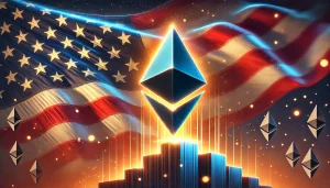 An illustration of the Ethereum logo ascending over a backdrop of the American flag, symbolizing gains after the US elections.