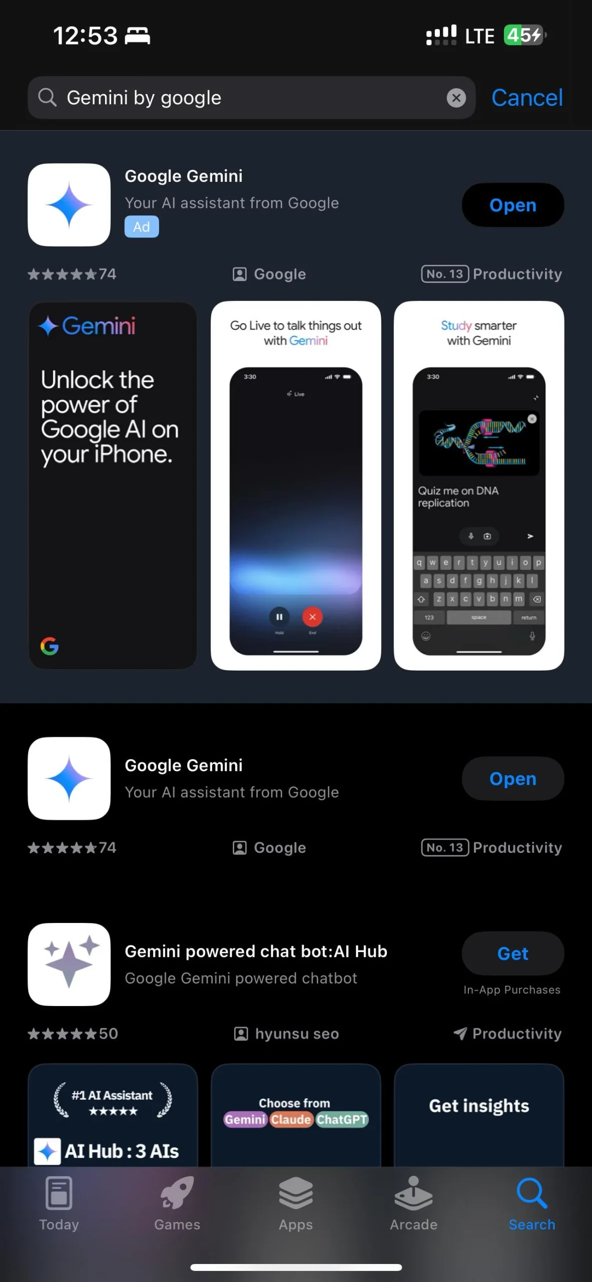 Screenshot of iOS App Store, open on Google Gemini