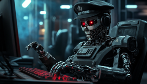 a robot with a military hat on sitting behind a computer with its finger on a red button