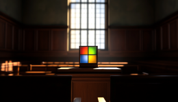 the microsoft logo standing trial in an empty court room