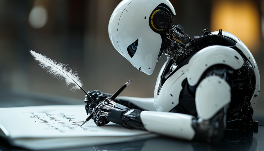 A robot writing a poem with a quill