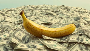 AI image of a banana atop a pile of millions of dollars / Tron's Justin Sun has purchased the 'Comedian' art piece for $6.24 million.