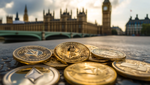 AI depiction of crypto outside the Palace of Westminster in London / UK to introduce new unified legislation on crypto and stablecoins early next year.