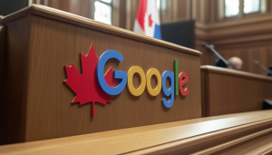 AI image to represent a Canadian court with the inclusion of a Google logo / Canada's competition watchdog sues Google over alleged monopoly.