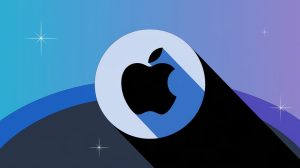 An illustration of the Apple logo on a dynamic background. The background is a gradient of blue and purple, with a few stars. The Apple logo is placed on a white circle, which is placed on top of a dark grey circle. The white circle has a shadow. The overall image has a subtle 3D effect.