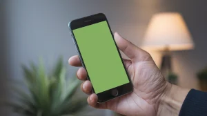 A photo of a hand holding a mobile phone. The phone's screen is entirely green due to a software issue. The background is blurred and contains a plant and a lamp.