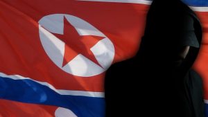 man in hoodie in front of north korea flag