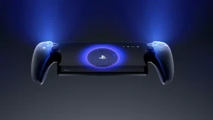 PlayStation Portal remote, on a black background. The remote has blue lights coming out of it and the PlayStation logo in the center of the screen.