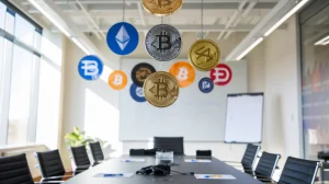 A photo of a meeting room with a conference table. There are various cryptocurrency signs hanging on the wall. The room is brightly lit. There are chairs around the table, and a whiteboard with some writing is visible in the background.