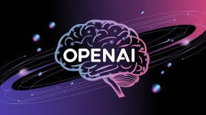 An illustration of the OpenAI logo on a dynamic background. The logo is in the shape of a brain with sparkling blue and pink neurons. The background is a gradient of purple and pink, with swirling patterns. There are also small, glowing, blue and pink spheres scattered throughout the background.