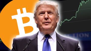 trump in front of a chart and bitcoin logo