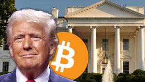 Donald Trump in front of White House and Bitcoin logo