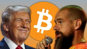 trump, dorsey in front of bitcoin logo