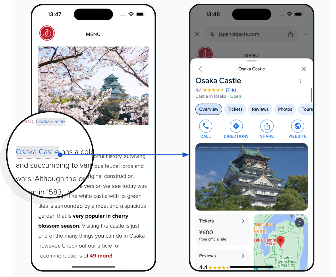 Two iPhones side-by-side. One, on the right, shows a Google Maps search and the other, on the left, shows a blog post on the left which links to the Google search.